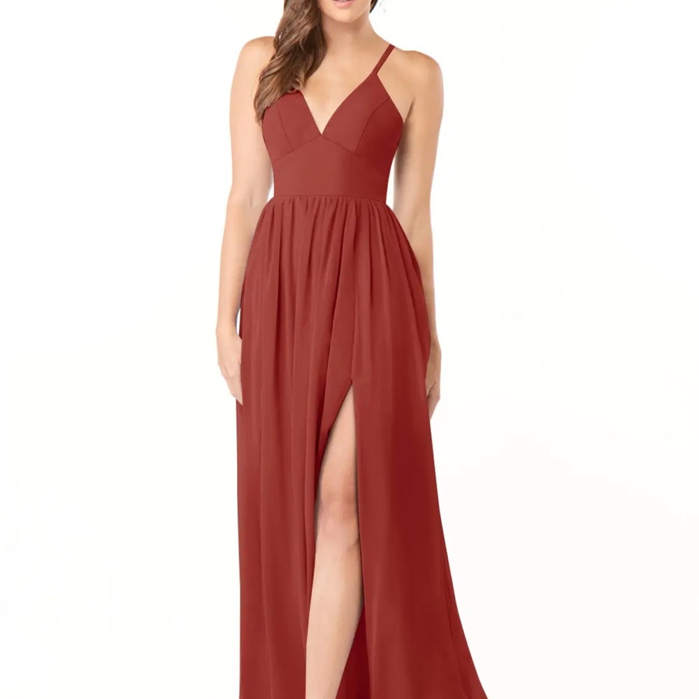 Azazie Aaida Women's Rust Spaghetti Strap Bridesmaid Dress with Side Slit